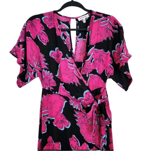 Monteau Womens Maxi Wrap Dress Size S Pink Black Floral Tie Front Kimono Sleeve - Picture 4 of 11